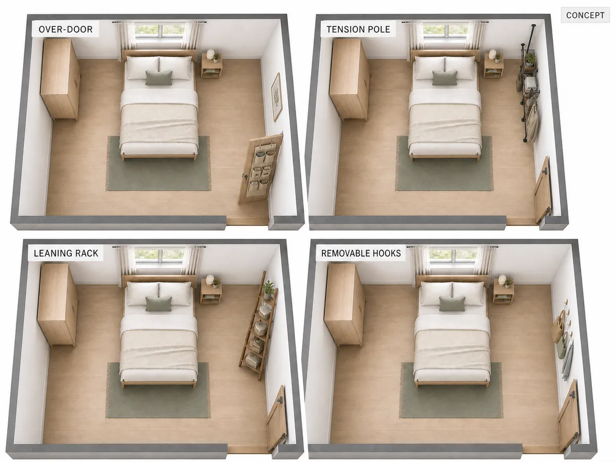 Four top-down room concepts comparing over-door, tension-pole, leaning, and removable-hook storage