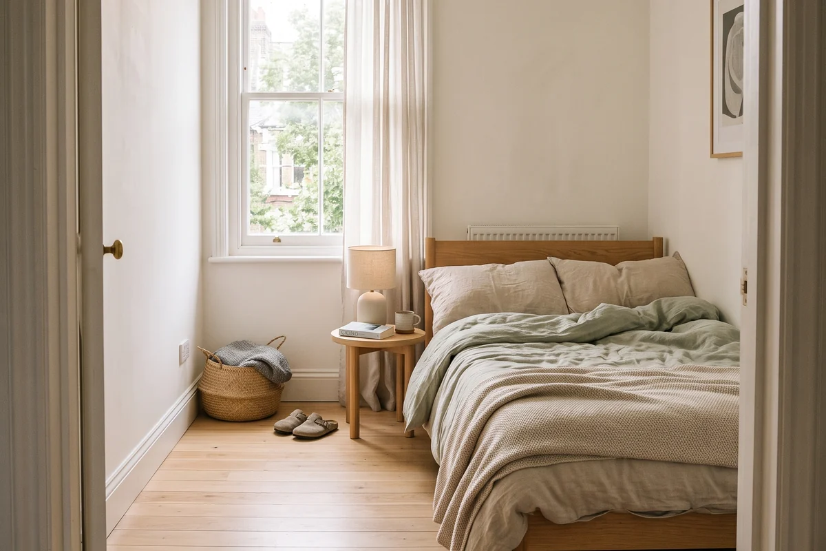 A small rented bedroom with a low pale-oak bed along the long wall and a clear strip of floor