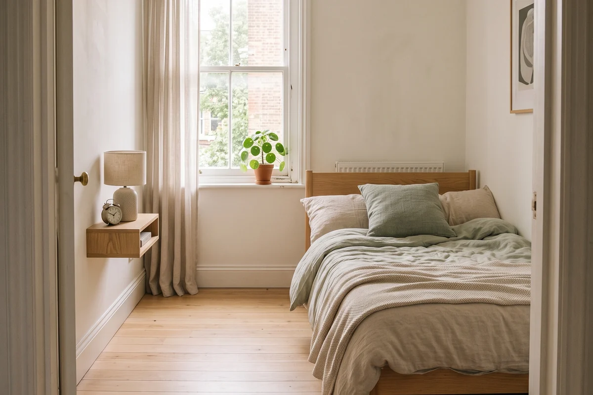 A small rented bedroom with the bed tucked into the corner, leaving a real patch of clear floor