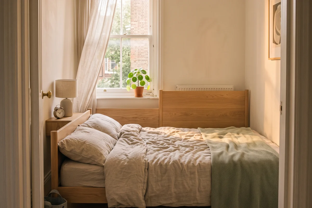 A small rented bedroom in warm afternoon light, with one window doing all the work