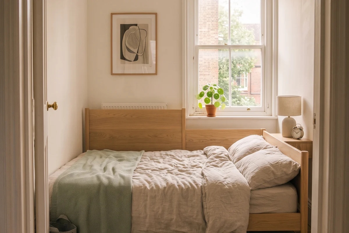 A small rented bedroom with flat fabric storage cases lined up neatly in the gap under the bed