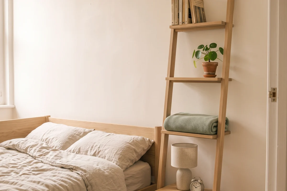 A small rented bedroom with a tall slim wooden shelf leaning against the wall beside the bed