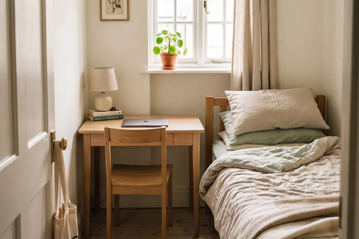A compact pale-oak desk with a chair tucked under it beside the window of a small rented bedroom, with the bed alongside it