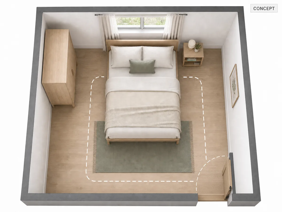 Top-down concept showing door swings and walking paths around a bed in a small rented bedroom