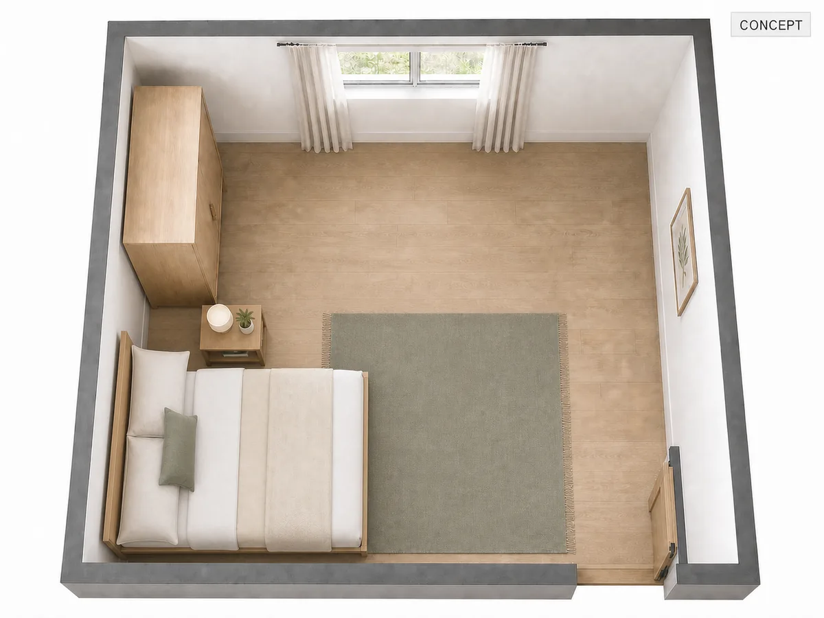 Small rental bedroom concept with a corner bed and freestanding bedside shelf