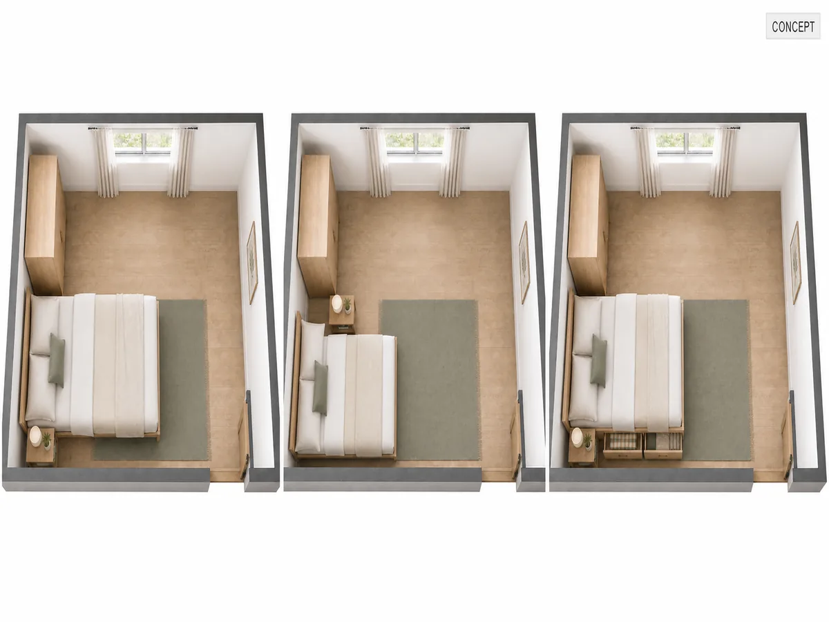 Side-by-side concept comparing three furniture layouts for the same compact bedroom