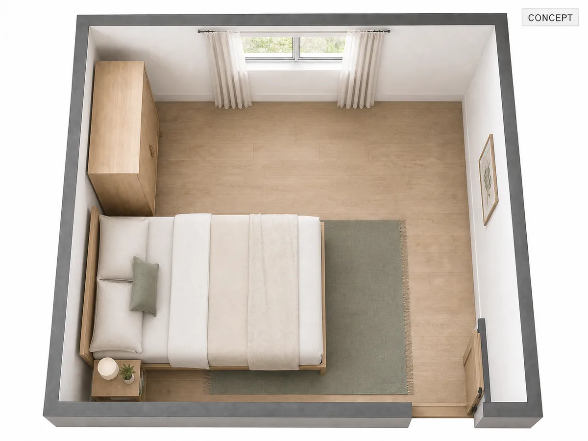 Compact bedroom concept with the bed on the long wall and a clear path from the door