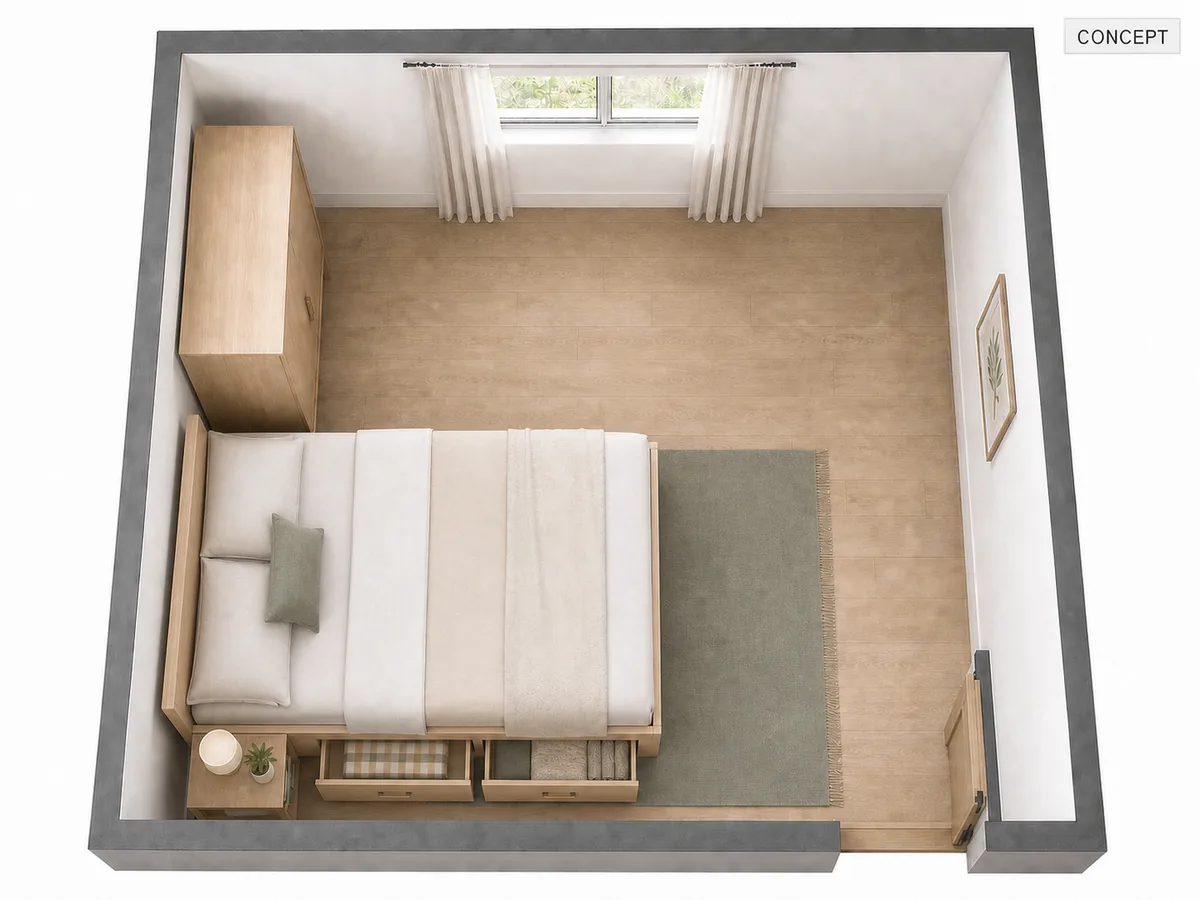 Narrow bedroom concept using under-bed drawers without wall-mounted storage
