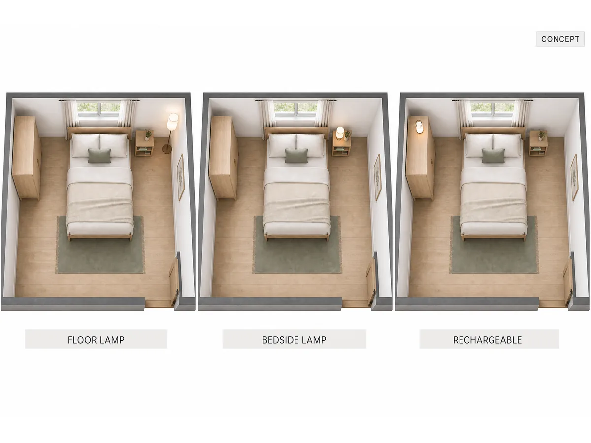 Three top-down room concepts comparing floor, bedside, and rechargeable lamp placements in the same bedroom