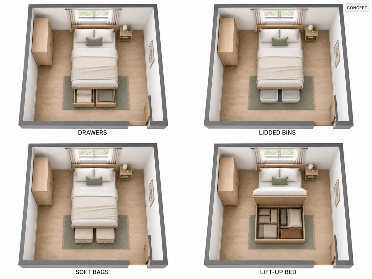 Four top-down room concepts comparing drawers, lidded bins, soft bags, and lift-up storage under the same bed
